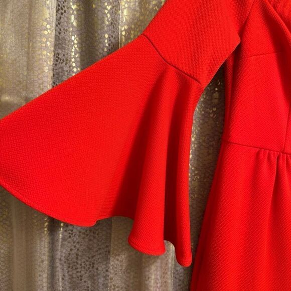 Trina Turk Bright Neon Red Orange Miley Off Shoulder Bell Sleeve Dress 2 NWT - Picture 5 of 7